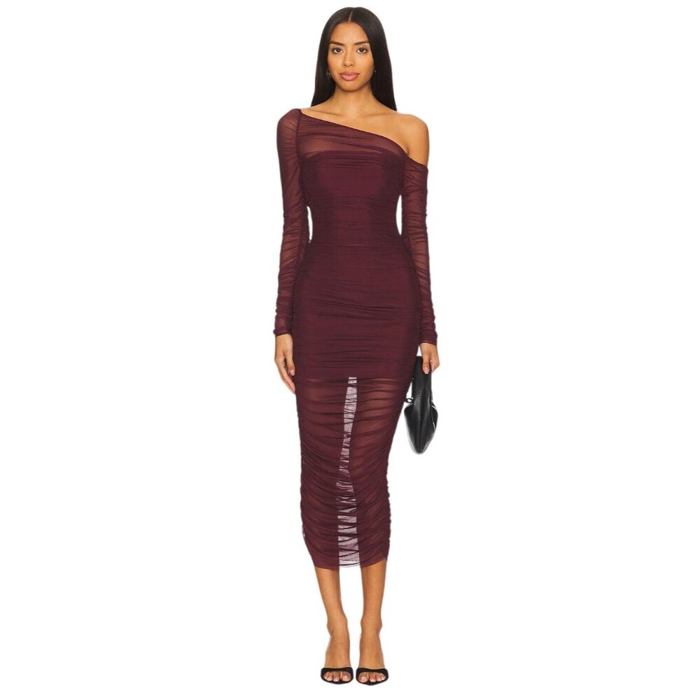 SEROYA Chantae Dress in Merlot Small New Womens Midi Stretch Mesh
